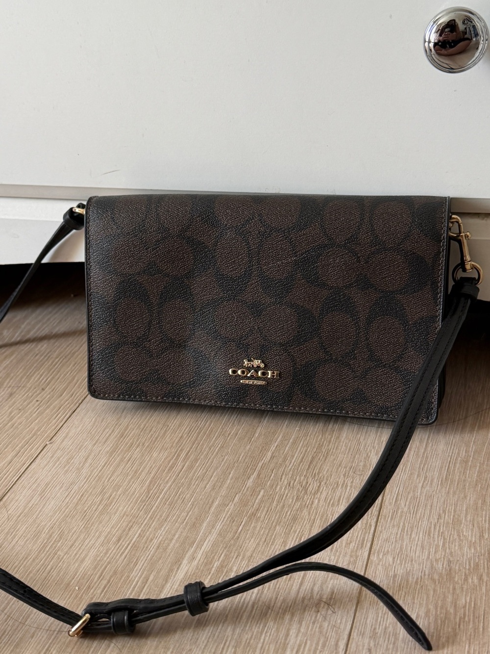 Coach Dark Brown Monogram Crossbody with Black Strap